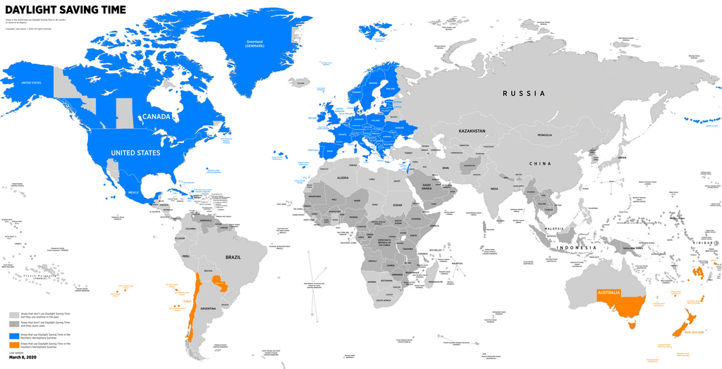 mapa koja pokazuje koje zemlje koriste ljetnje računanje vremena
